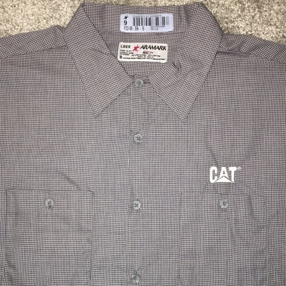 Mens Aramark Caterpillar CAT mechanic technician work shop SS shirt L mens